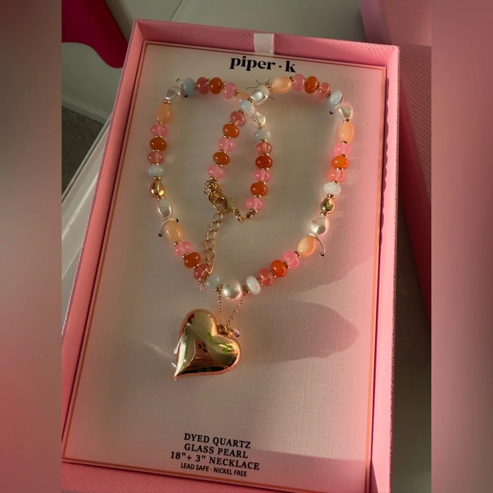 Beaded Colorful Quartz gold Heart charm Necklace